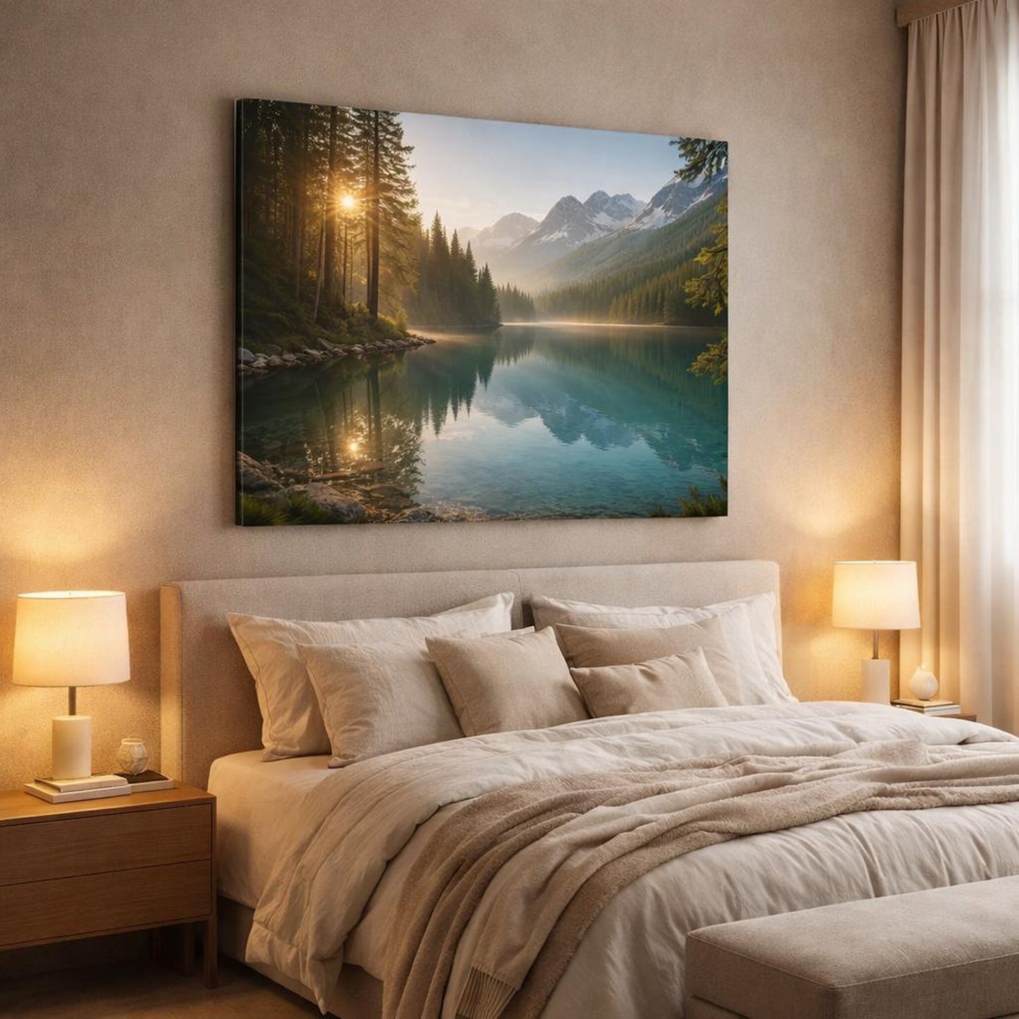 Nature Mountain Lake Turquoise Mountain Lake shown as canvas wall art in a luxury bedroom