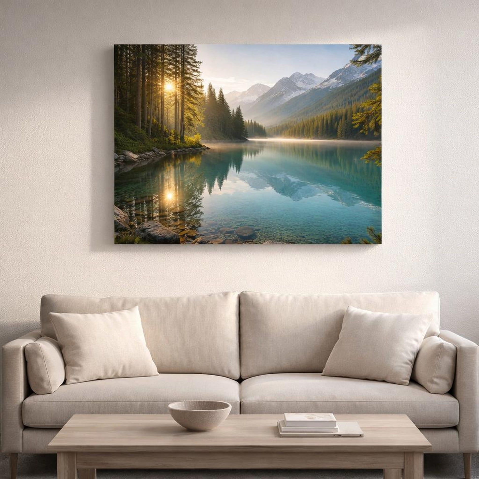 Nature Mountain Lake Turquoise Mountain Lake shown as canvas wall art in a sophisticated contemporary living space
