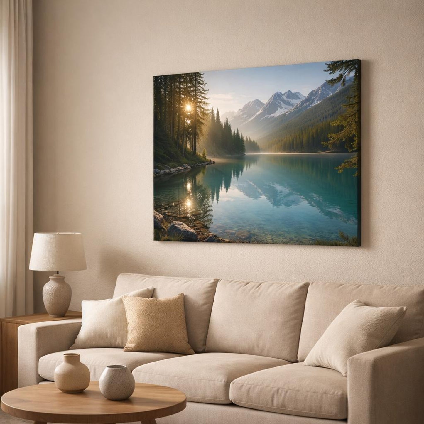 Nature Mountain Lake Turquoise Mountain Lake shown as canvas wall art in a modern living room