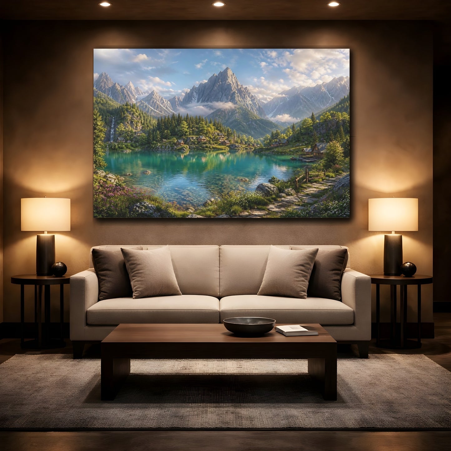Mockup 2. Nature Mountain Lake Turquoise Mountain Lake shown as stretched canvas wall art