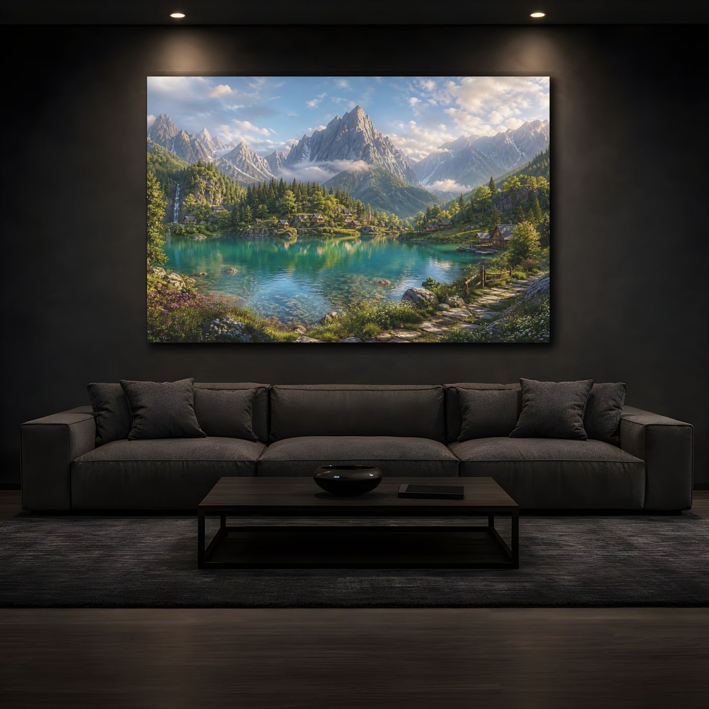 Mockup 3. Nature Mountain Lake Turquoise Mountain Lake shown as stretched canvas wall art