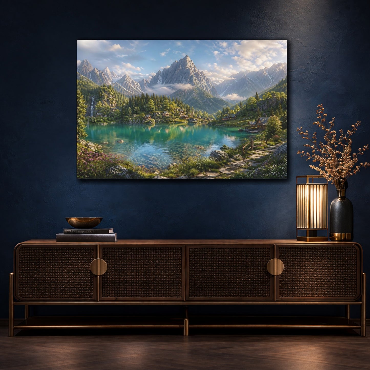 Mockup 4. Nature Mountain Lake Turquoise Mountain Lake shown as stretched canvas wall art