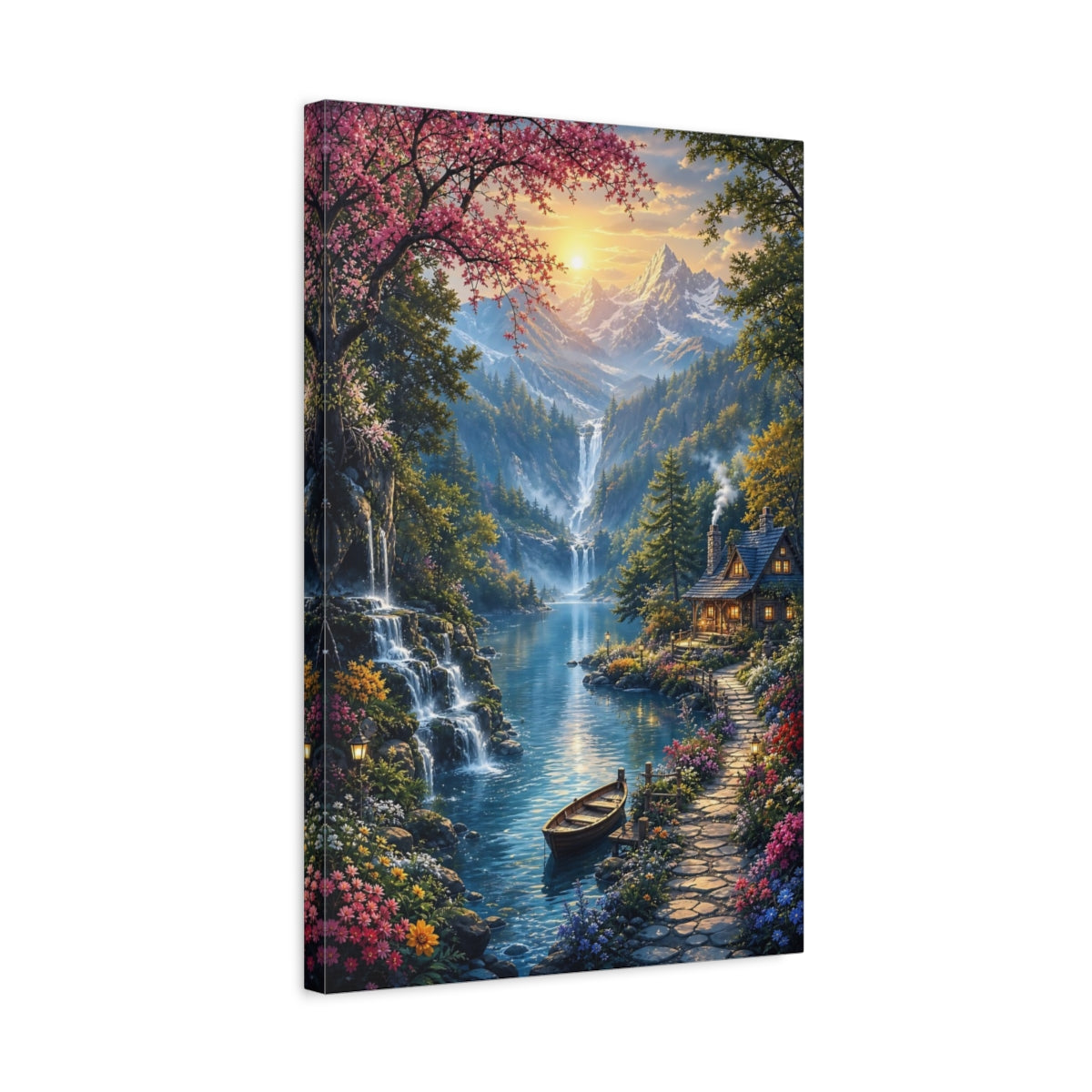 Side Mockup 3. Nature Mountain Lake Vibrant Mountain Lake shown as stretched canvas wall art