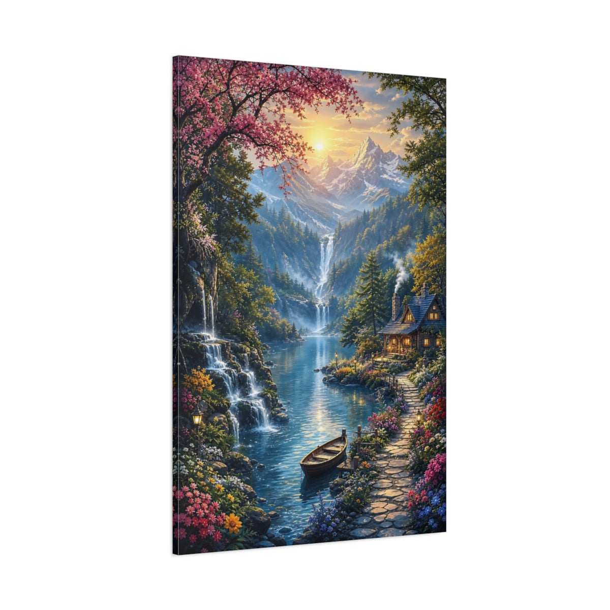 Side Mockup 1. Nature Mountain Lake Vibrant Mountain Lake shown as stretched canvas wall art