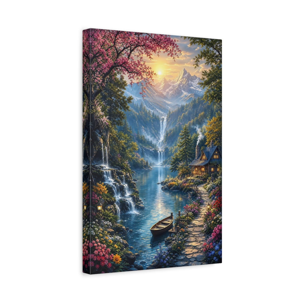 Side Mockup 4. Nature Mountain Lake Vibrant Mountain Lake shown as stretched canvas wall art
