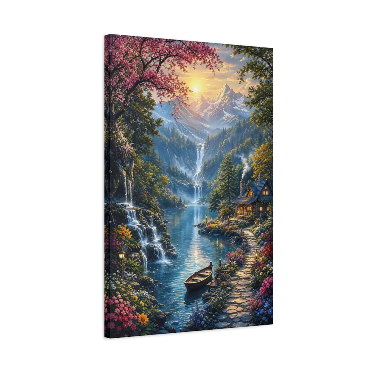 Side Mockup 2. Nature Mountain Lake Vibrant Mountain Lake shown as stretched canvas wall art