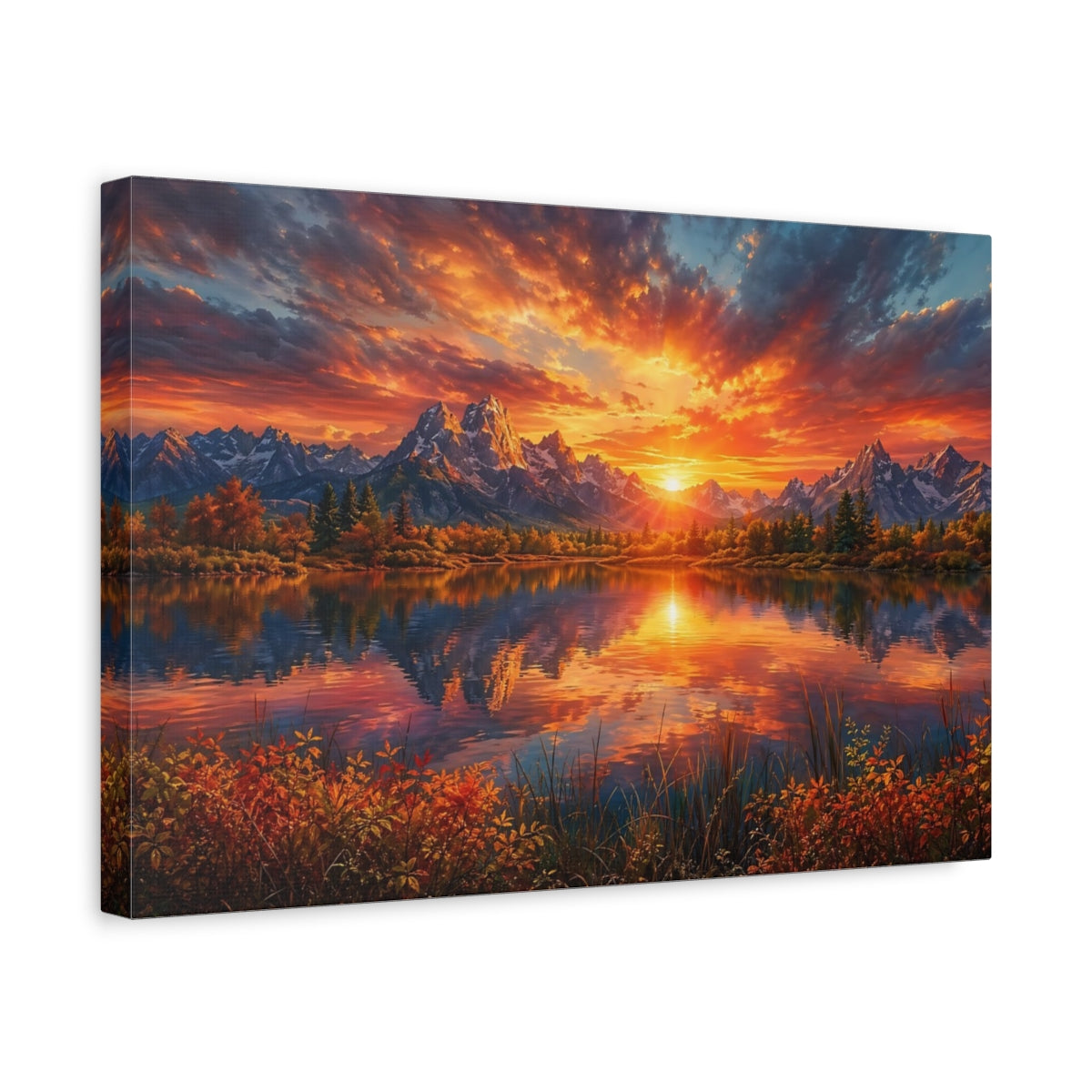 Side Mockup 4. Nature Mountain Lake Vibrant Mountain Lake shown as stretched canvas wall art