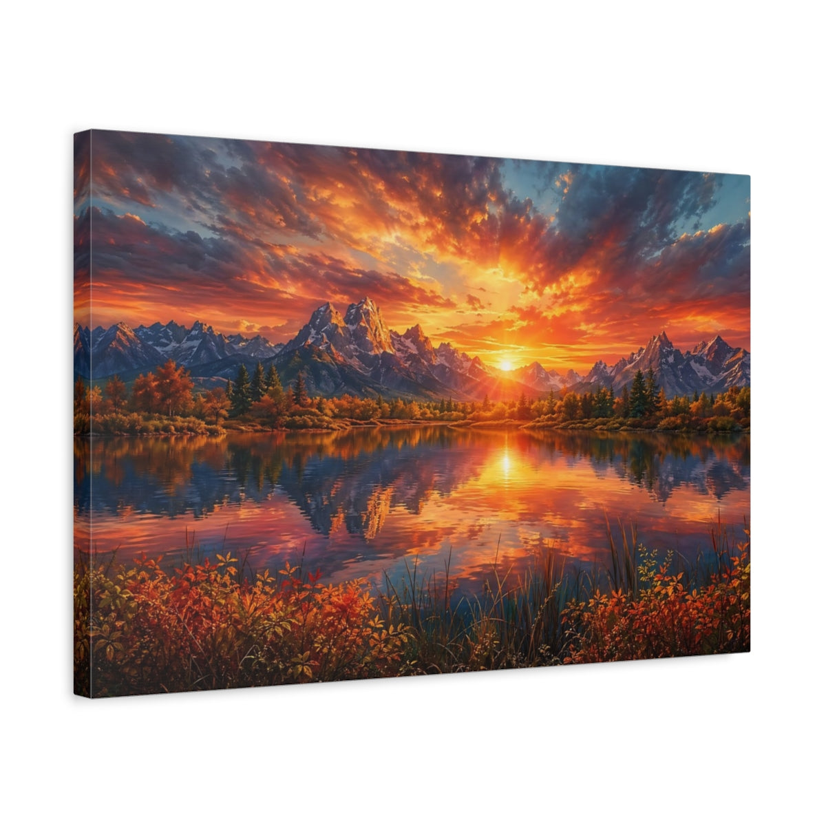 Side Mockup 3. Nature Mountain Lake Vibrant Mountain Lake shown as stretched canvas wall art