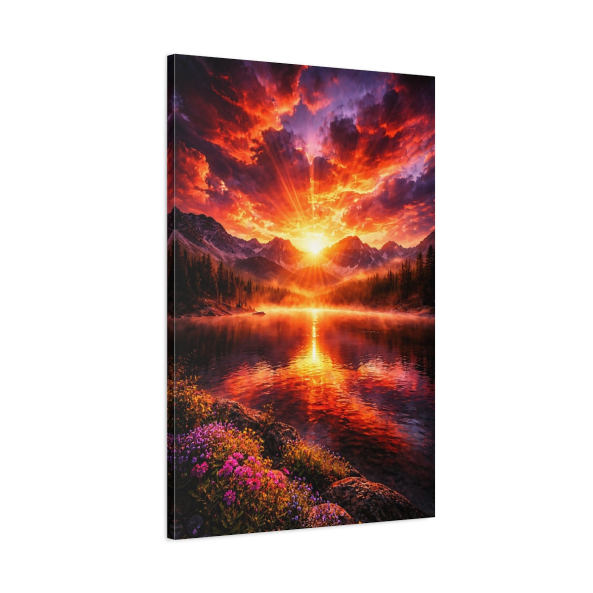 Side Mockup 1. Nature Mountain Lake Vibrant Sunset shown as stretched canvas wall art