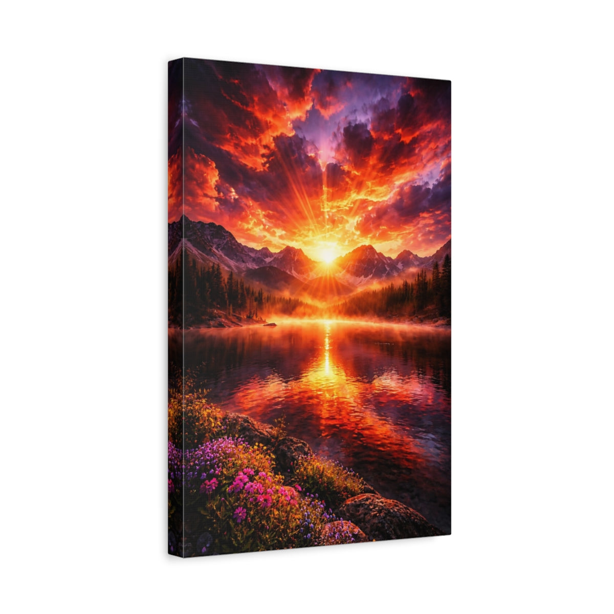 Side Mockup 4. Nature Mountain Lake Vibrant Sunset shown as stretched canvas wall art