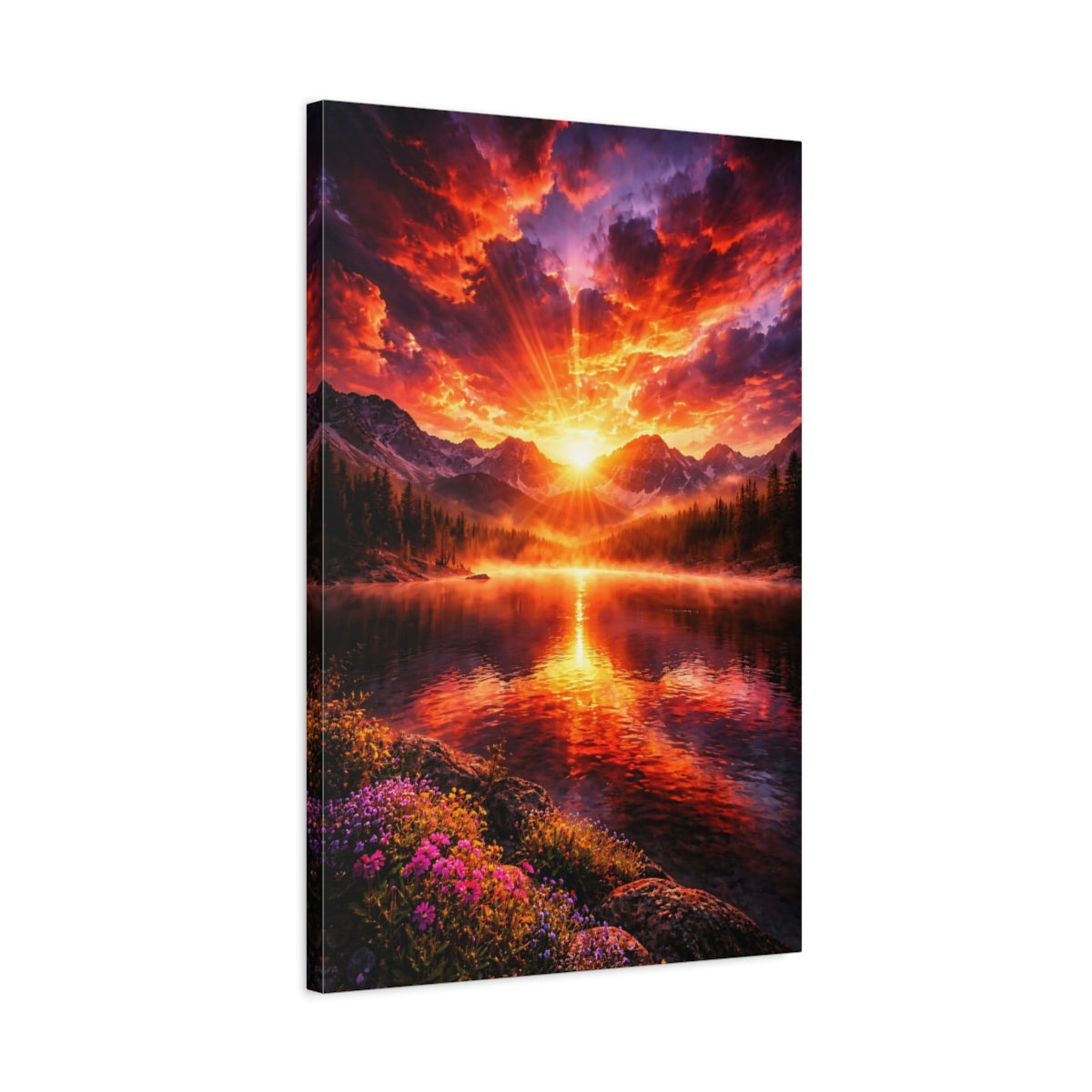 Side Mockup 2. Nature Mountain Lake Vibrant Sunset shown as stretched canvas wall art