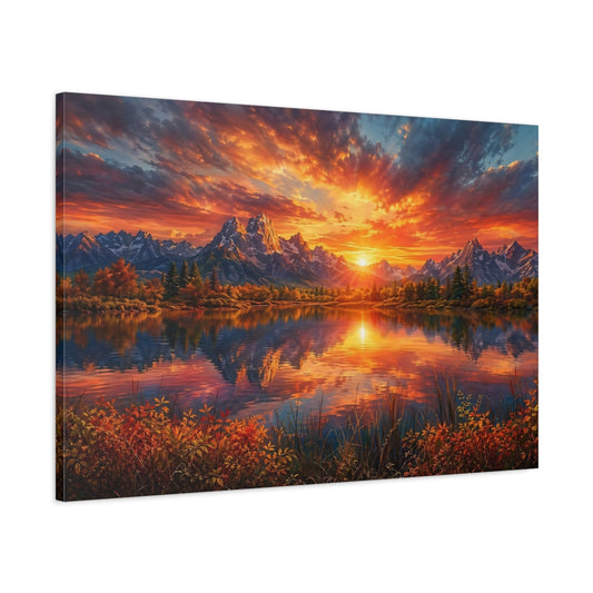 Main Mockup. Nature Mountain Lake Vibrant Mountain Lake shown as stretched canvas wall art