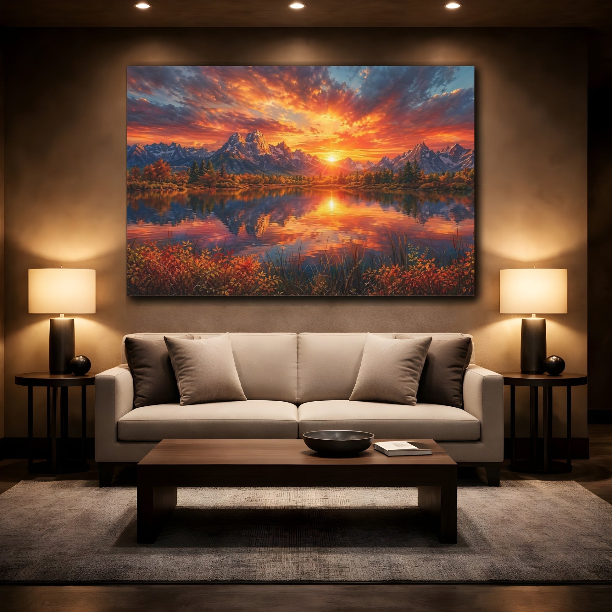 Mockup 2. Nature Mountain Lake Vibrant Mountain Lake shown as stretched canvas wall art