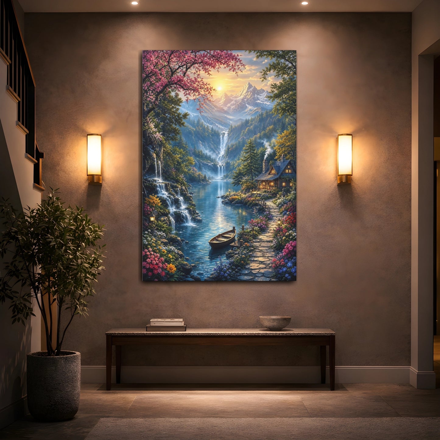 Mockup 2. Nature Mountain Lake Vibrant Mountain Lake shown as stretched canvas wall art