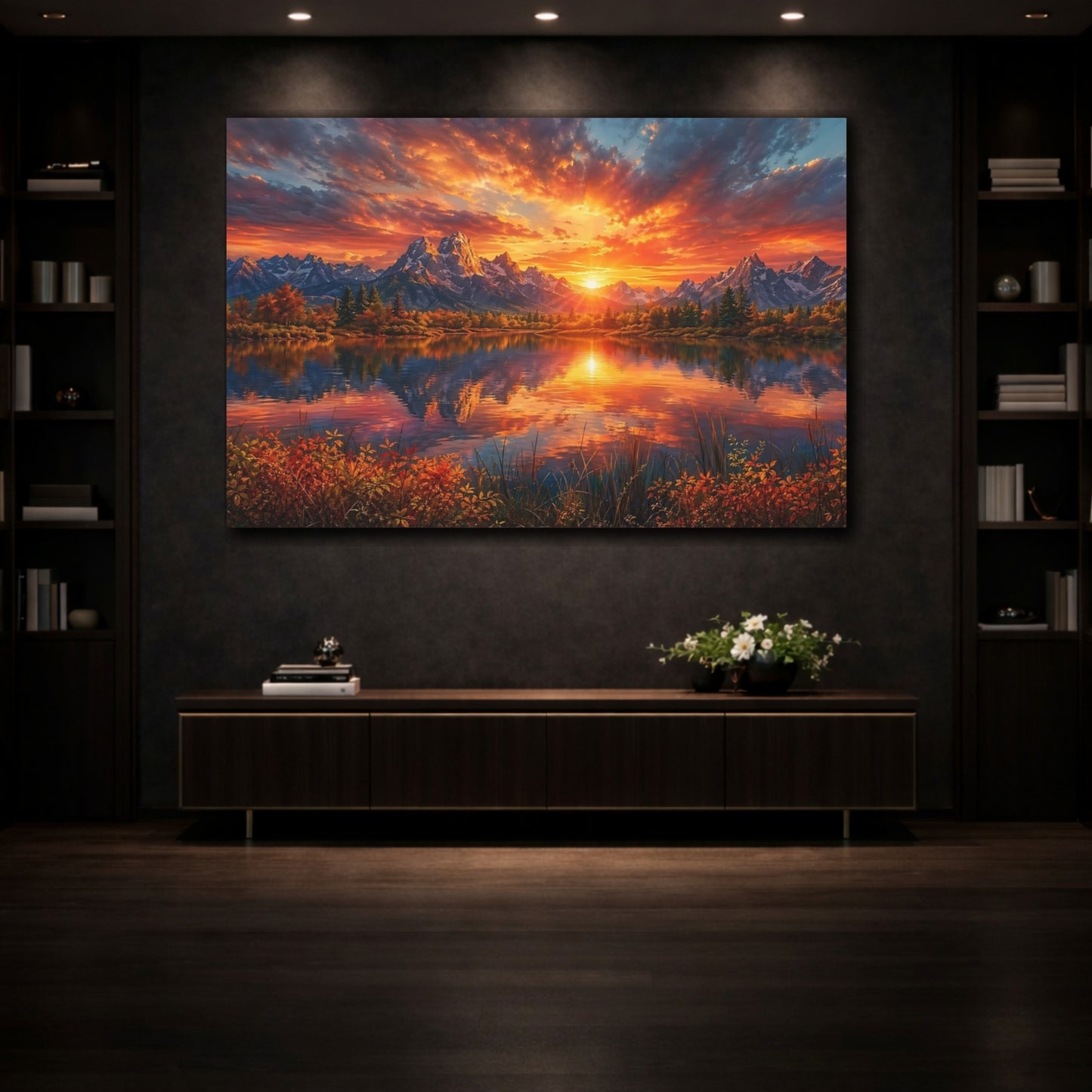 Mockup 3. Nature Mountain Lake Vibrant Mountain Lake shown as stretched canvas wall art