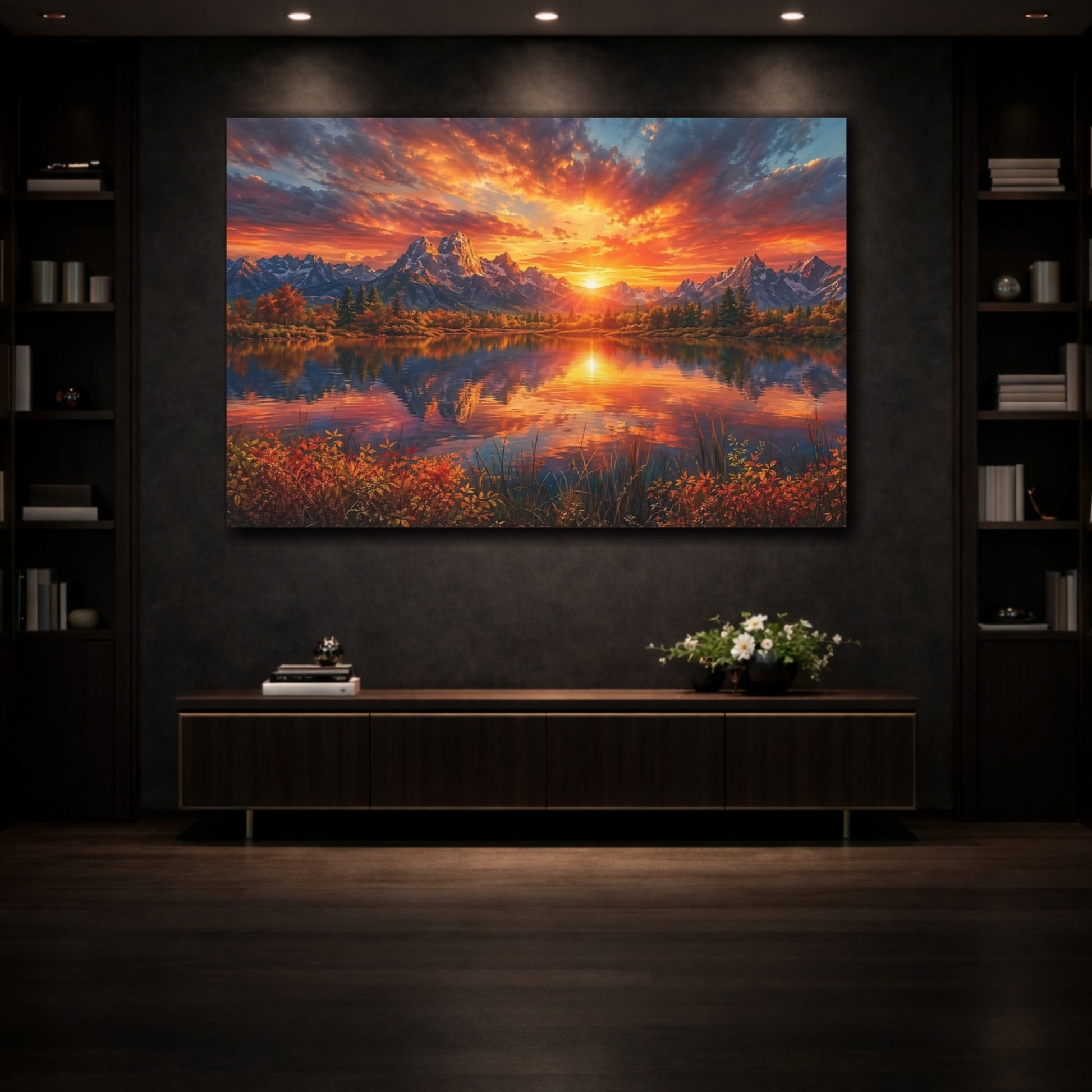 Mockup 3. Nature Mountain Lake Vibrant Mountain Lake shown as stretched canvas wall art
