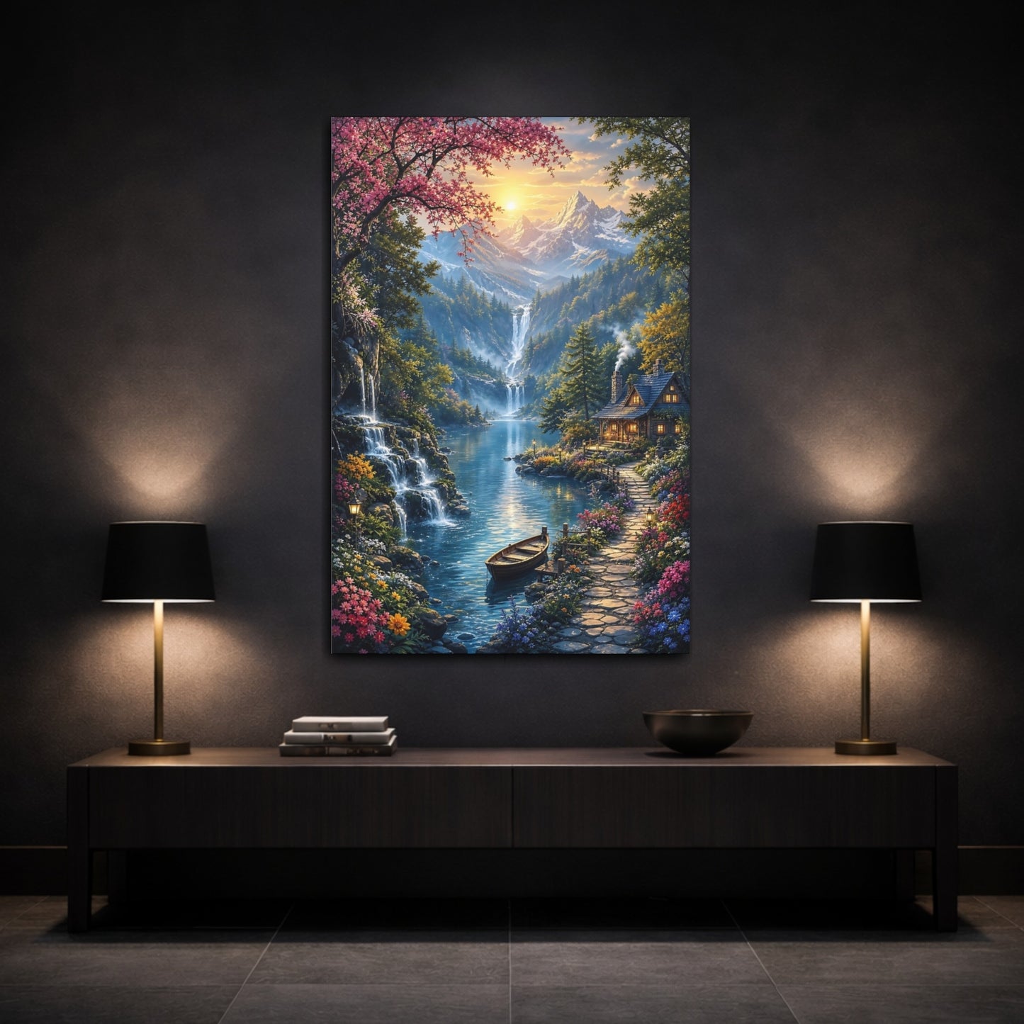 Mockup 3. Nature Mountain Lake Vibrant Mountain Lake shown as stretched canvas wall art