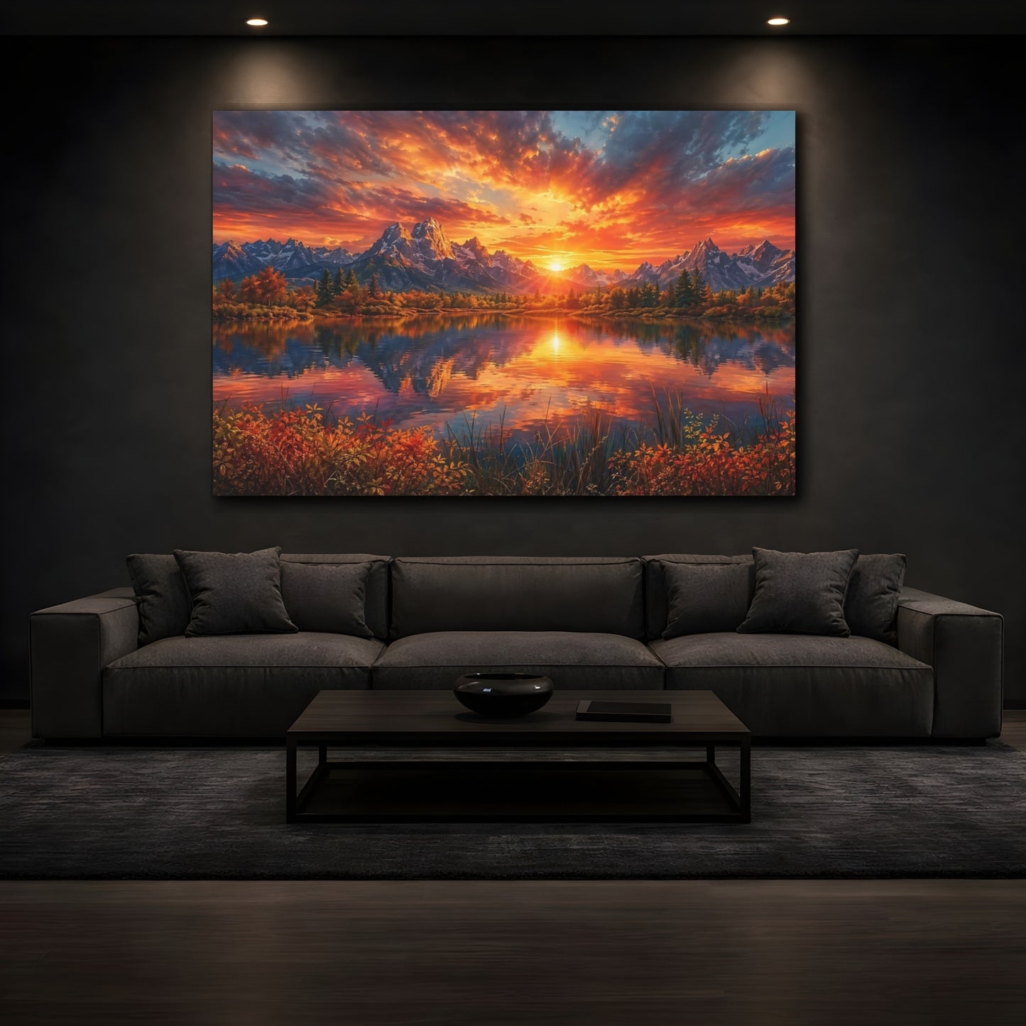 Mockup 4. Nature Mountain Lake Vibrant Mountain Lake shown as stretched canvas wall art