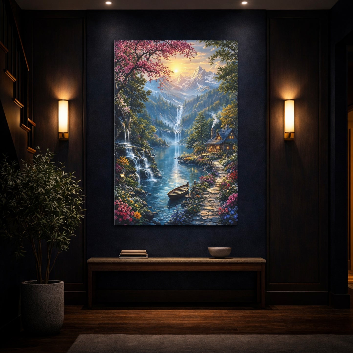 Mockup 4. Nature Mountain Lake Vibrant Mountain Lake shown as stretched canvas wall art