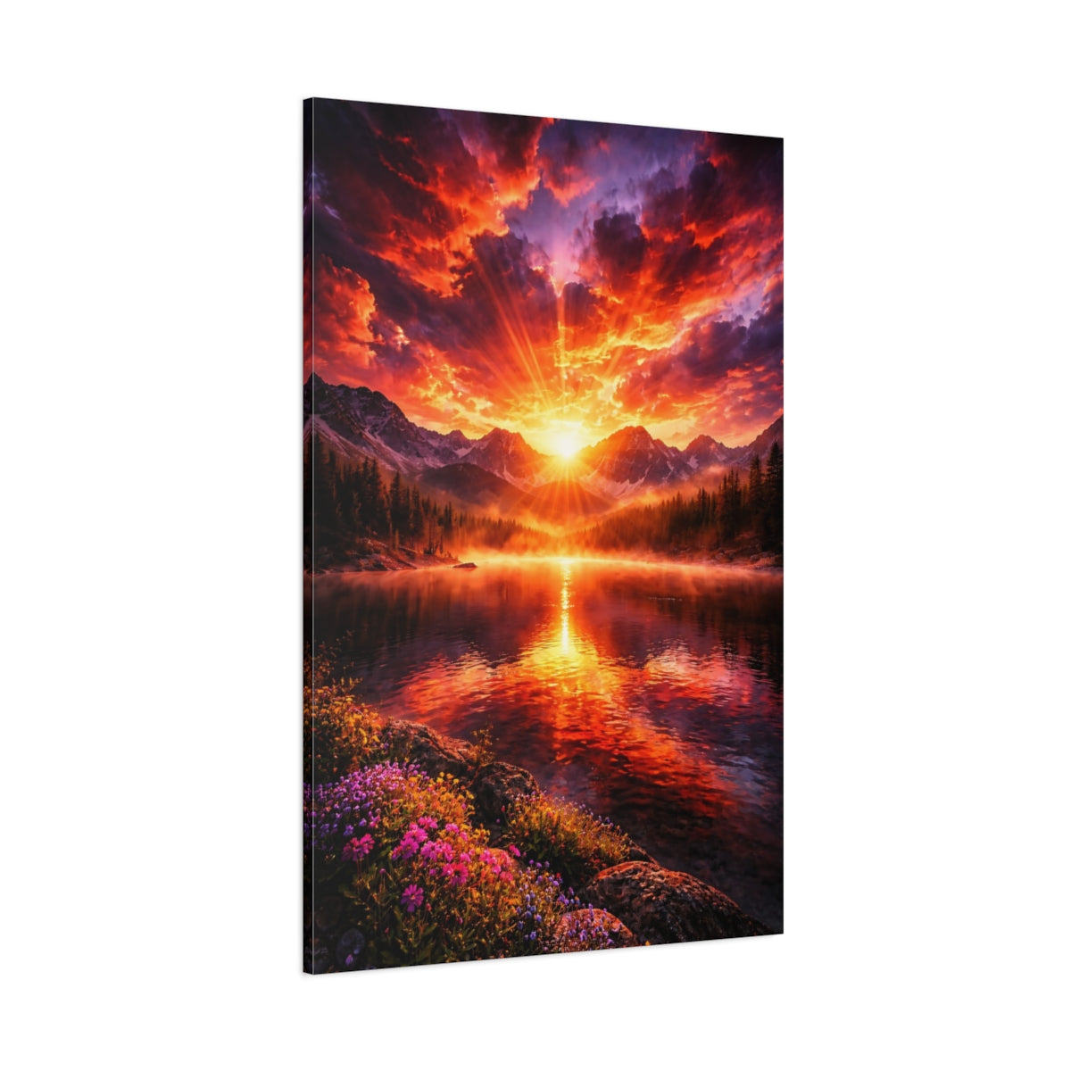 Main Mockup. Nature Mountain Lake Vibrant Sunset shown as stretched canvas wall art