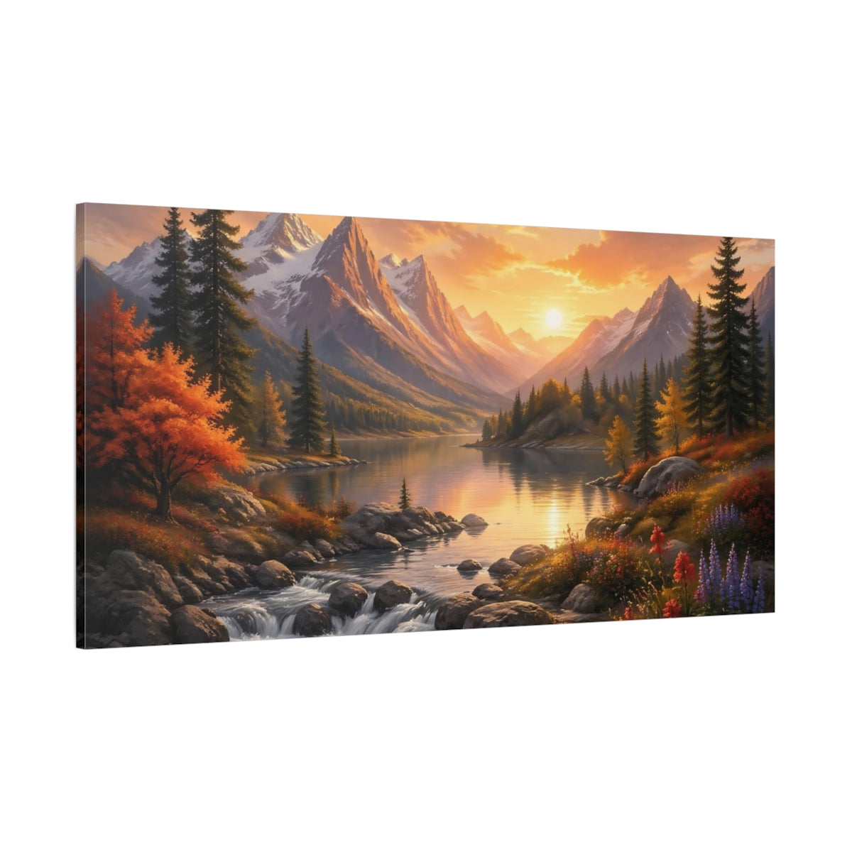 Side Mockup 2. Nature Mountain Lake Vibrant Sunset Landscape shown as stretched canvas wall art