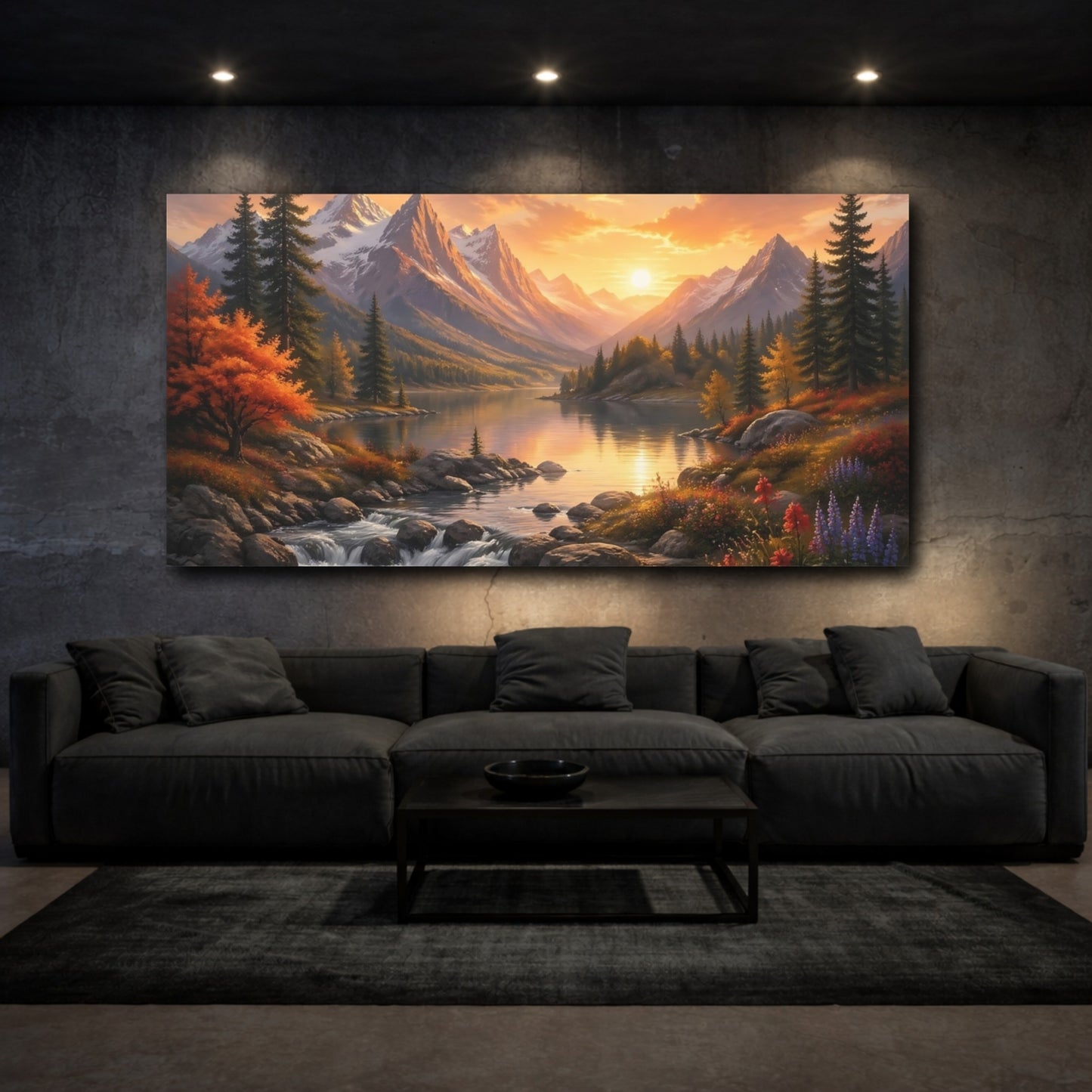 Mockup 2. Nature Mountain Lake Vibrant Sunset Landscape shown as stretched canvas wall art
