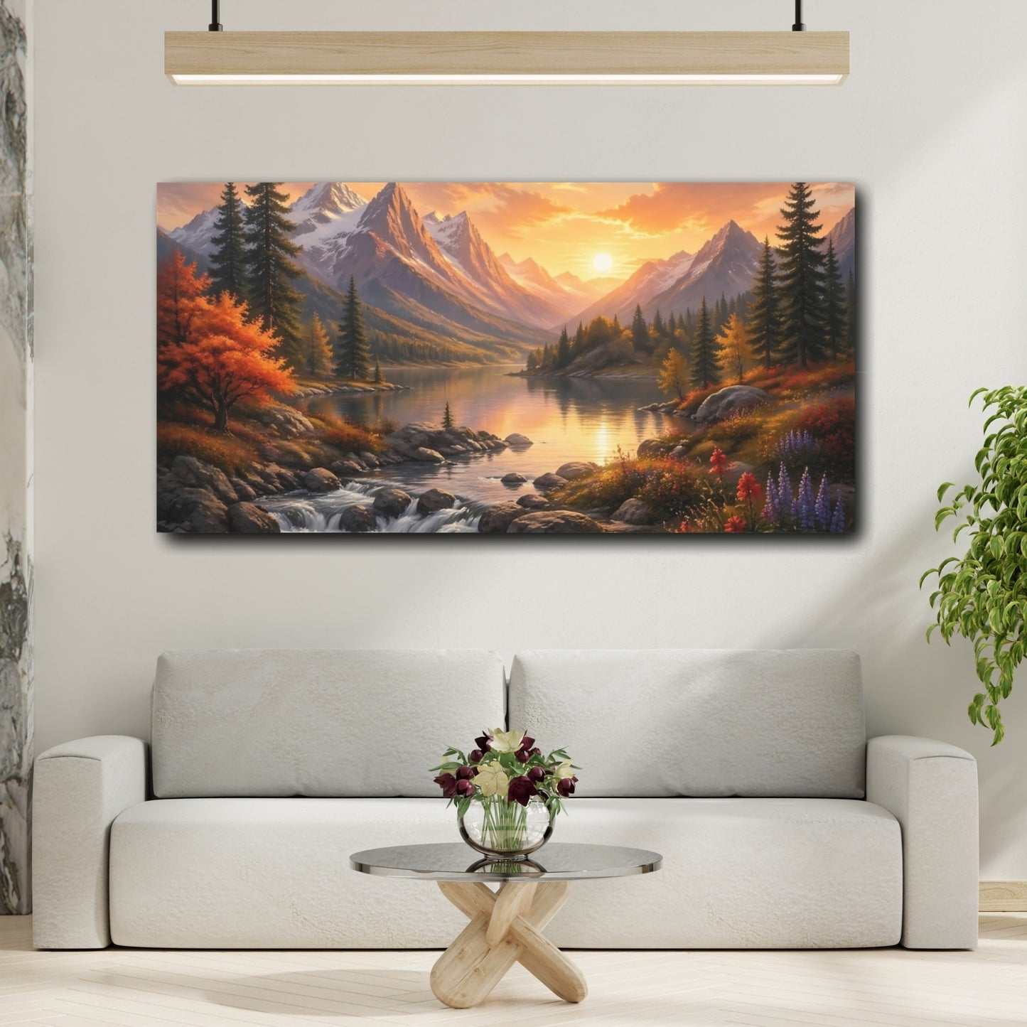 Mockup 3. Nature Mountain Lake Vibrant Sunset Landscape shown as stretched canvas wall art