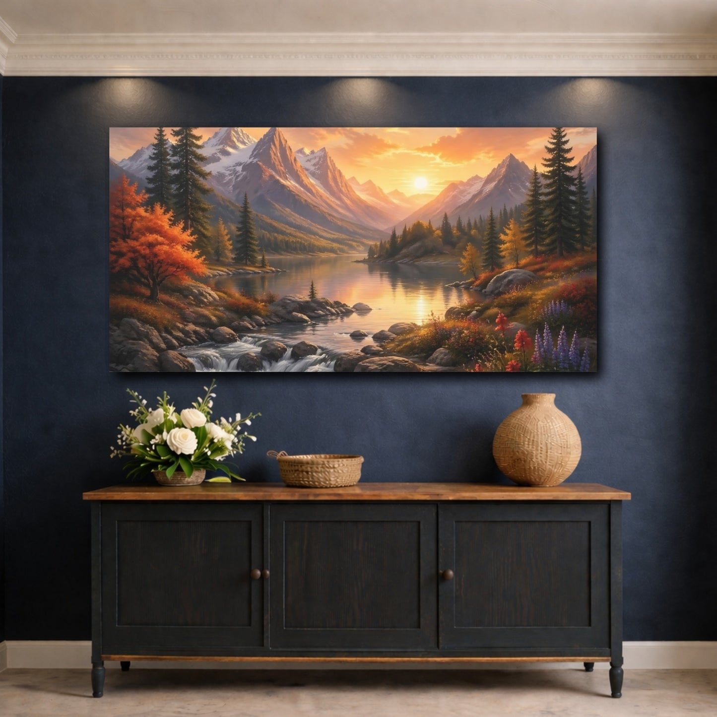 Mockup 4. Nature Mountain Lake Vibrant Sunset Landscape shown as stretched canvas wall art