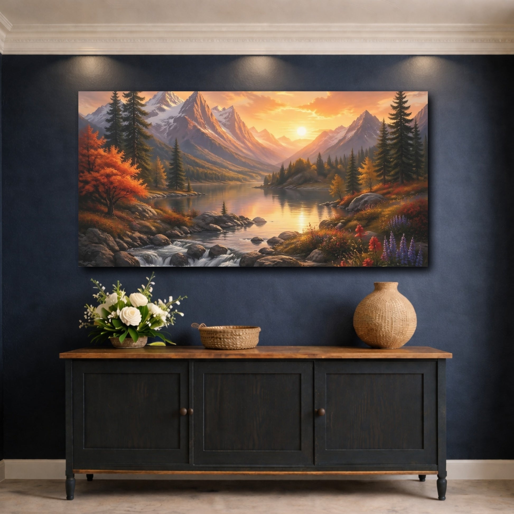 Mockup 4. Nature Mountain Lake Vibrant Sunset Landscape shown as stretched canvas wall art