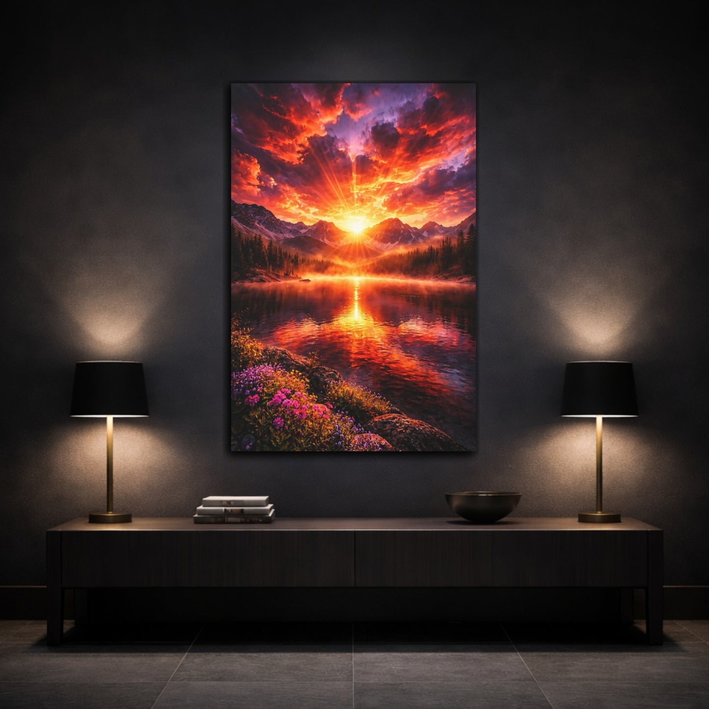 Mockup 2. Nature Mountain Lake Vibrant Sunset shown as stretched canvas wall art