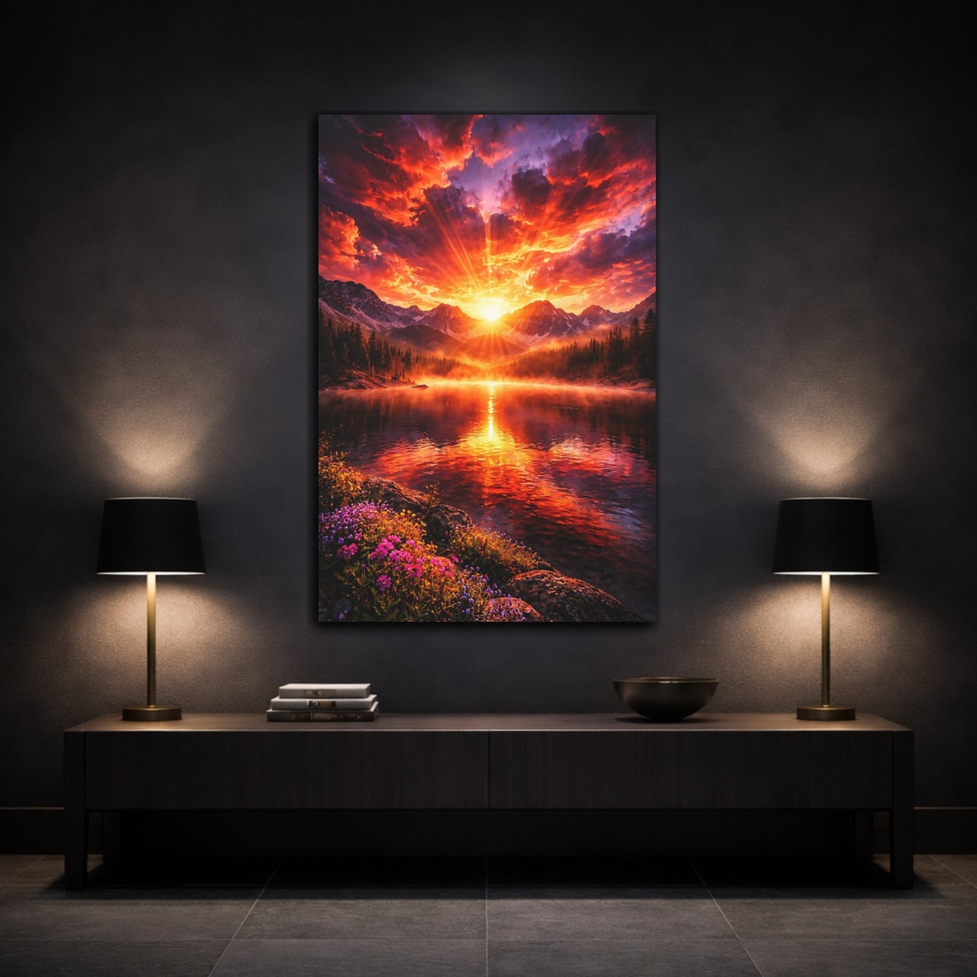 Mockup 2. Nature Mountain Lake Vibrant Sunset shown as stretched canvas wall art
