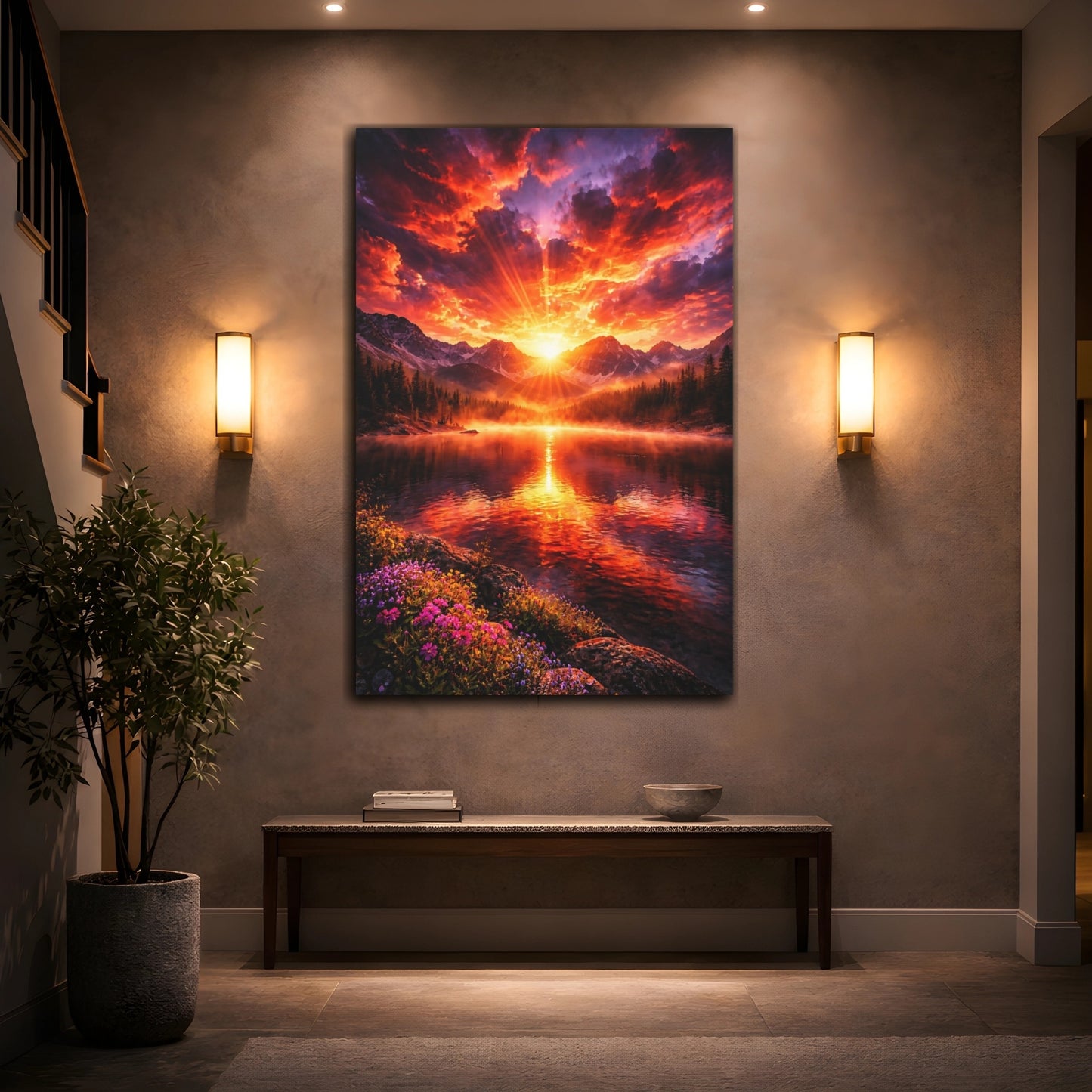 Mockup 3. Nature Mountain Lake Vibrant Sunset shown as stretched canvas wall art