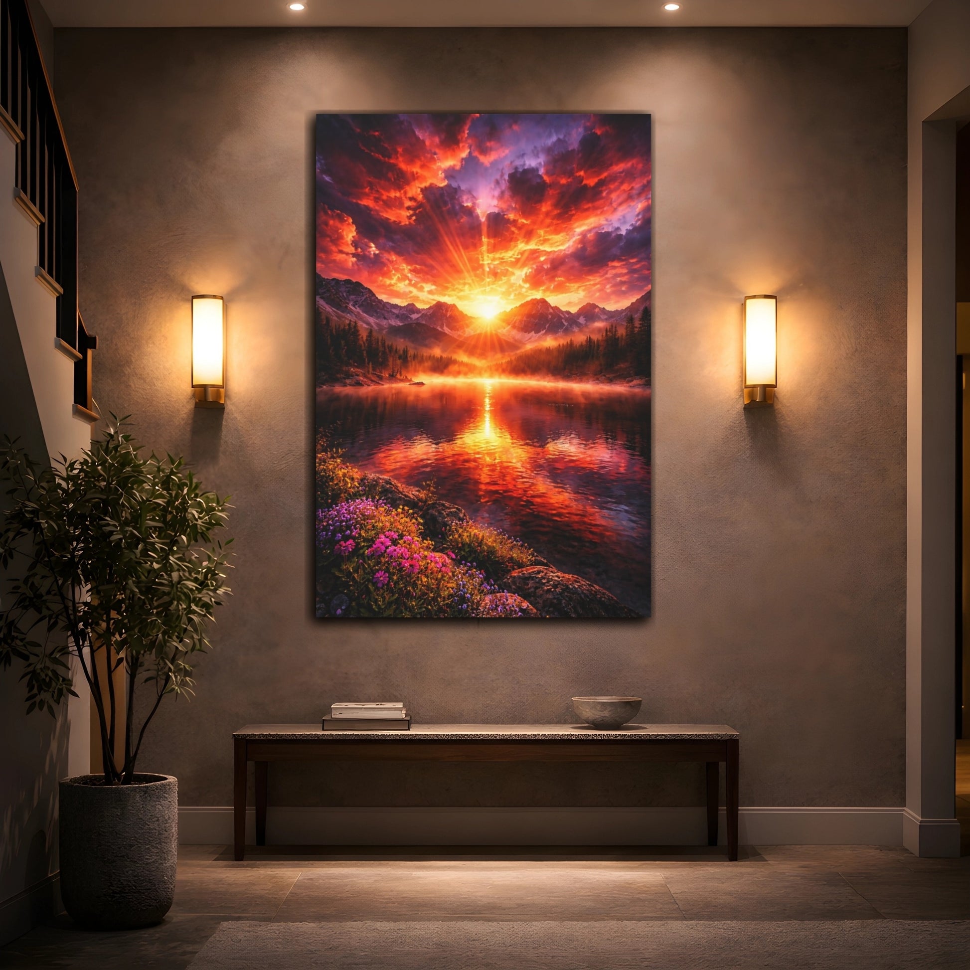 Mockup 3. Nature Mountain Lake Vibrant Sunset shown as stretched canvas wall art
