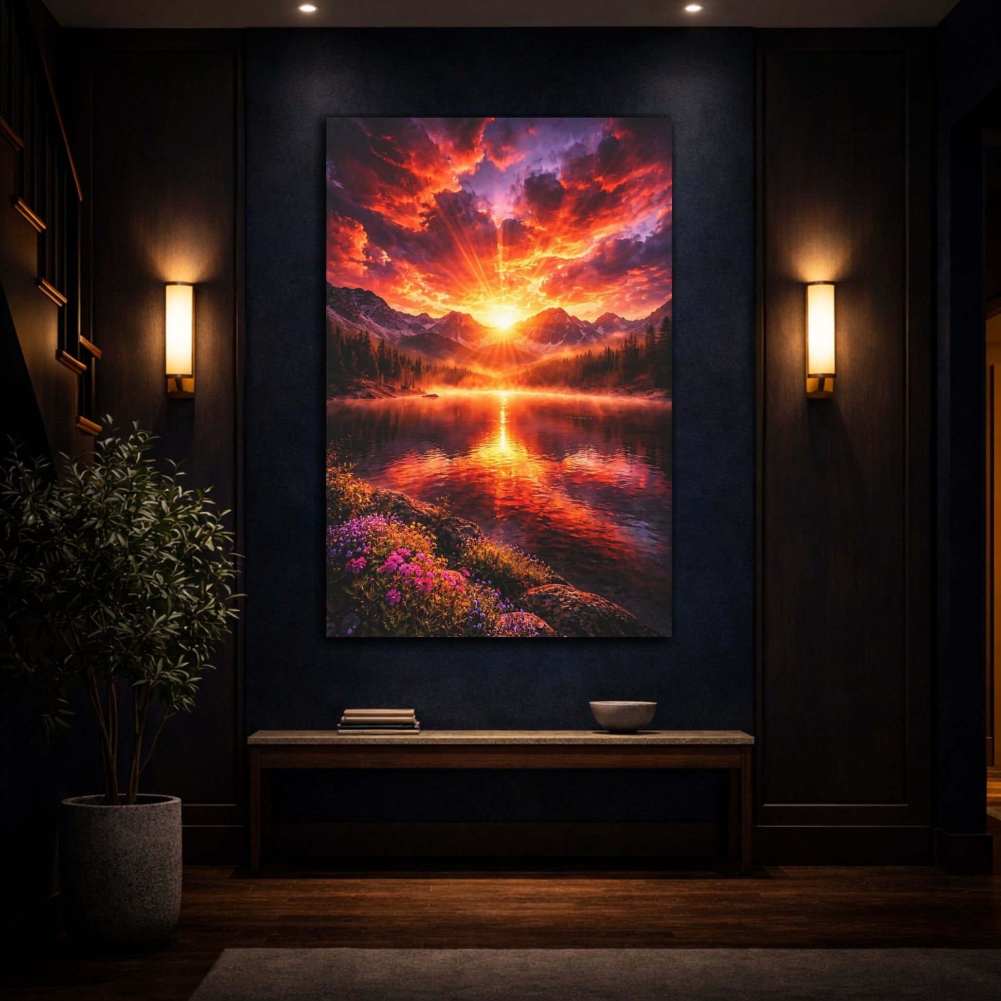 Mockup 4. Nature Mountain Lake Vibrant Sunset shown as stretched canvas wall art