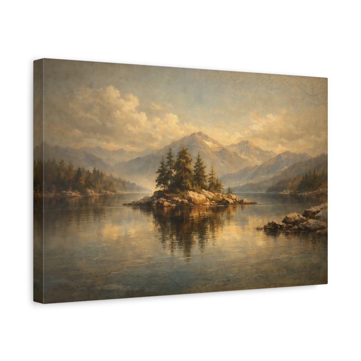 Side Mockup 4. Nature Mountain Lake Vintage Landscape shown as stretched canvas wall art