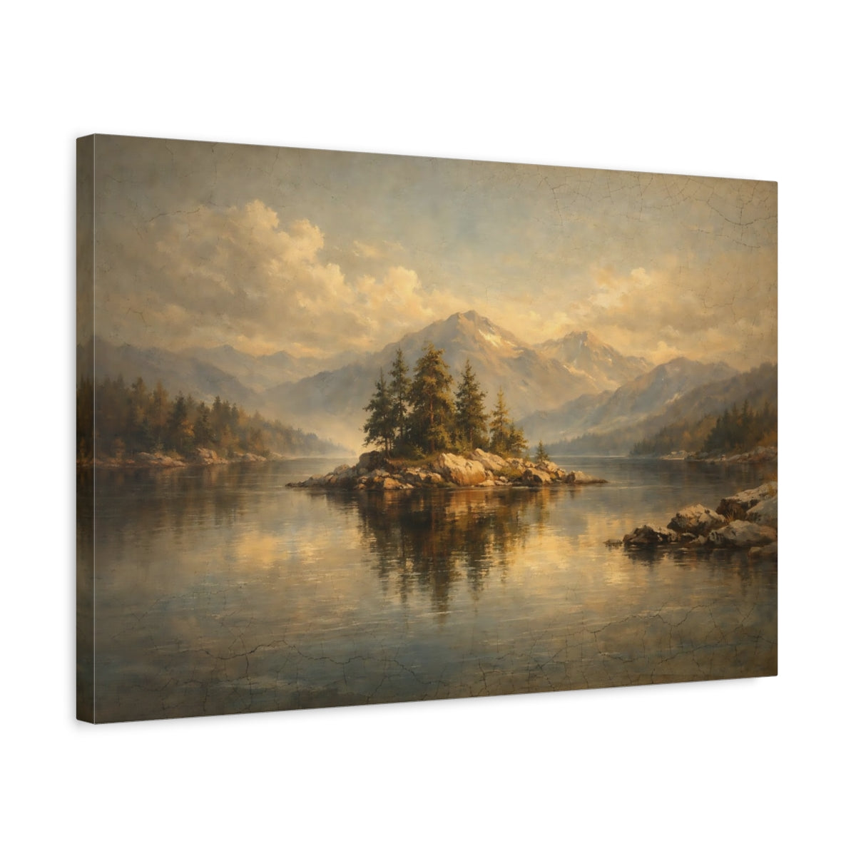 Side Mockup 3. Nature Mountain Lake Vintage Landscape shown as stretched canvas wall art