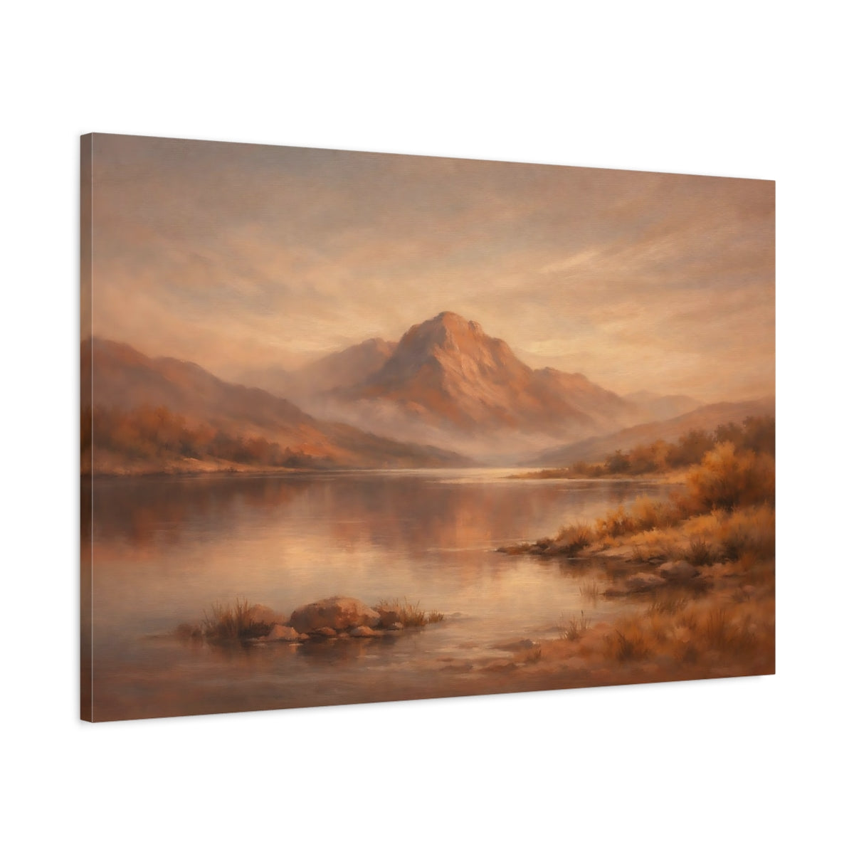 Side Mockup 1. Nature Mountain Lake Warm Mountain Lake shown as stretched canvas wall art