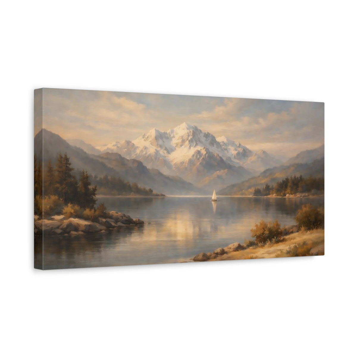 Side Mockup 3. Nature Mountain Lake Warm Mountain Lake shown as stretched canvas wall art