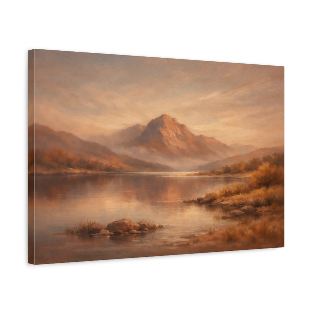 Side Mockup 3. Nature Mountain Lake Warm Mountain Lake shown as stretched canvas wall art