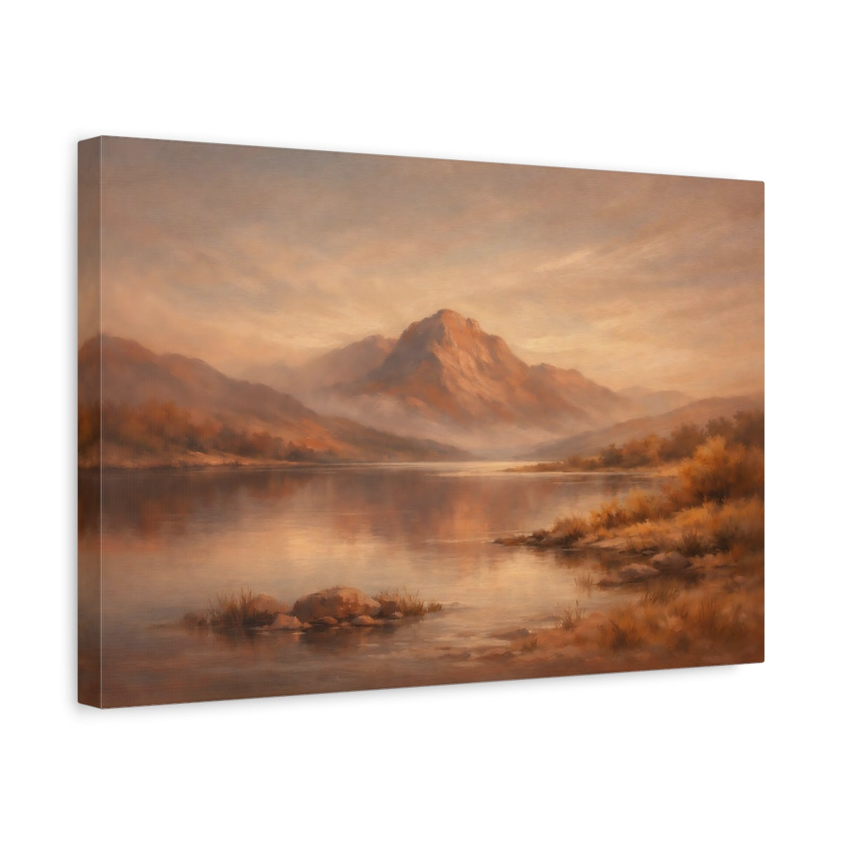 Side Mockup 4. Nature Mountain Lake Warm Mountain Lake shown as stretched canvas wall art