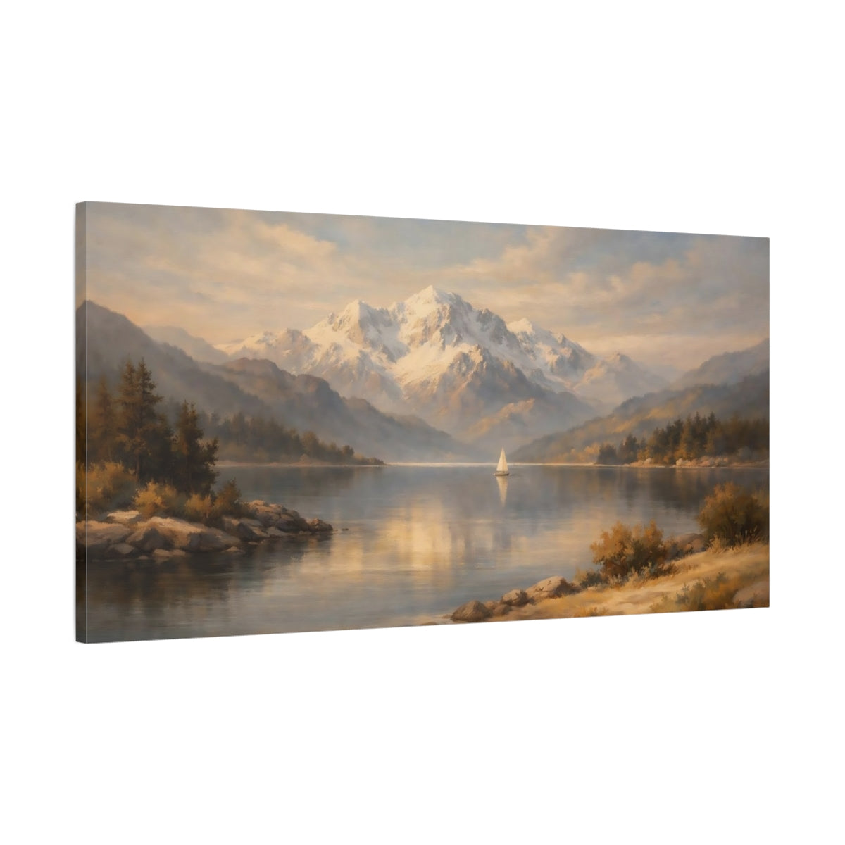 Side Mockup 1. Nature Mountain Lake Warm Mountain Lake shown as stretched canvas wall art