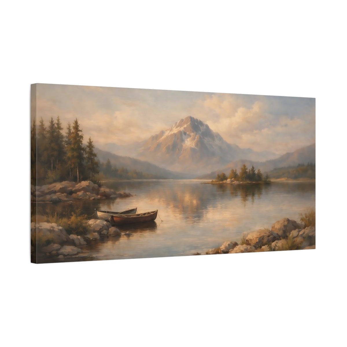 Side Mockup 2. Nature Mountain Lake Warm Mountain Lake shown as stretched canvas wall art