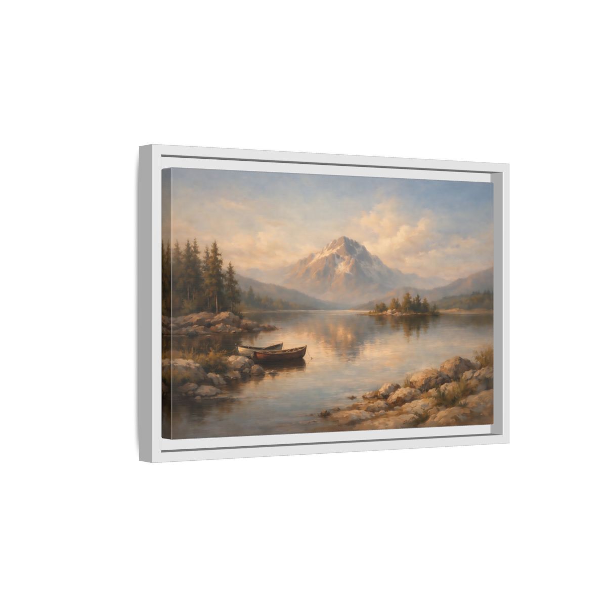 Side Mockup 4. Nature Mountain Lake Warm Mountain Lake shown as stretched canvas wall art