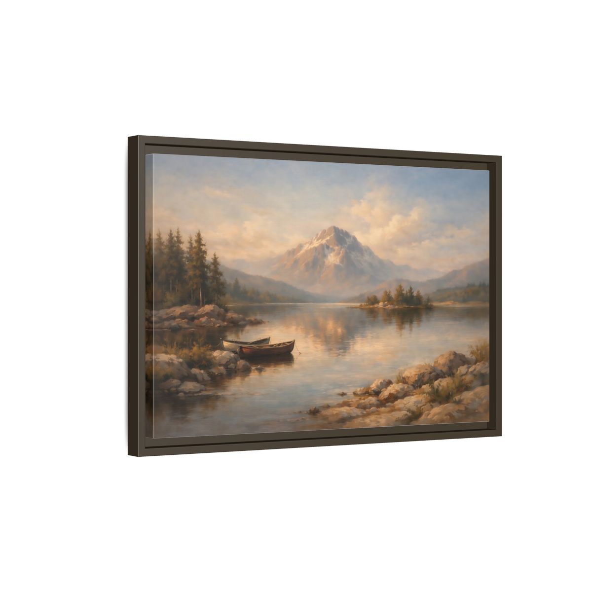 Side Mockup 2. Nature Mountain Lake Warm Mountain Lake shown as stretched canvas wall art