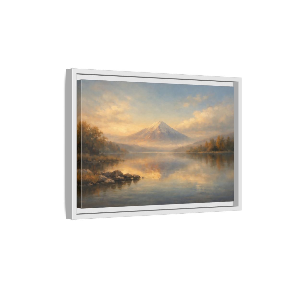 Side Mockup 4. Nature Mountain Lake Warm Mountain Lake shown as stretched canvas wall art