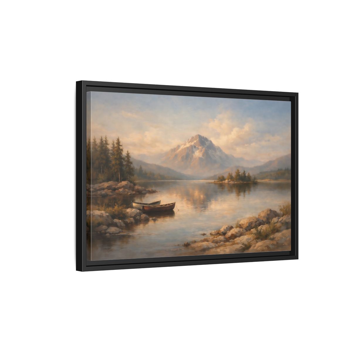 Side Mockup 3. Nature Mountain Lake Warm Mountain Lake shown as stretched canvas wall art