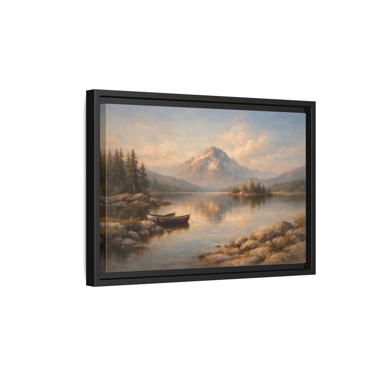 Side Mockup 6. Nature Mountain Lake Warm Mountain Lake shown as stretched canvas wall art
