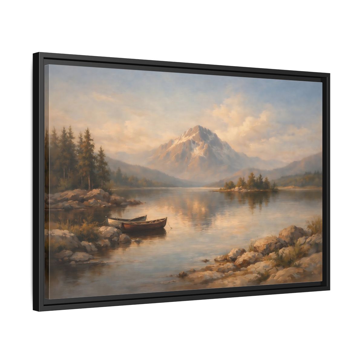 Side Mockup 14. Nature Mountain Lake Warm Mountain Lake shown as stretched canvas wall art