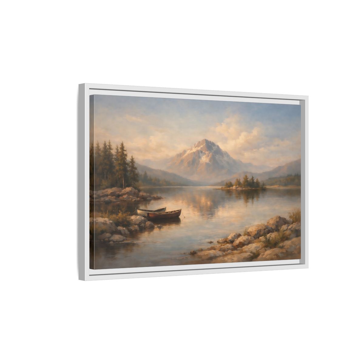 Side Mockup 1. Nature Mountain Lake Warm Mountain Lake shown as stretched canvas wall art