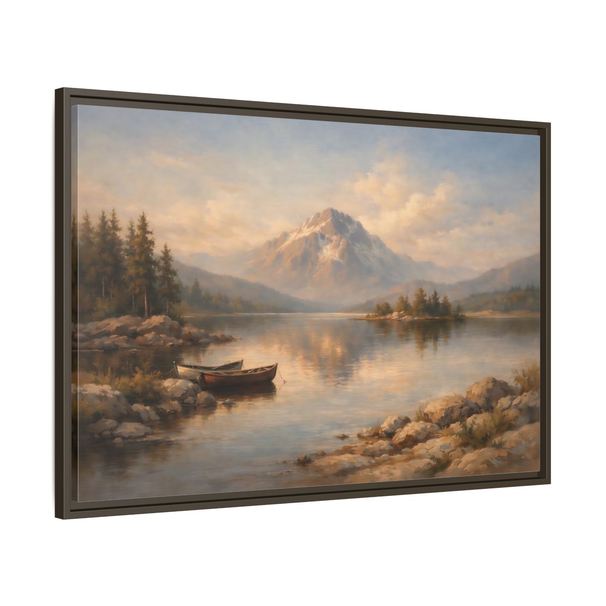 Side Mockup 9. Nature Mountain Lake Warm Mountain Lake shown as stretched canvas wall art
